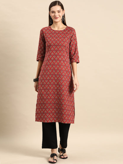 Maroon Printed Straight Kurta With Three Quarter Sleeves