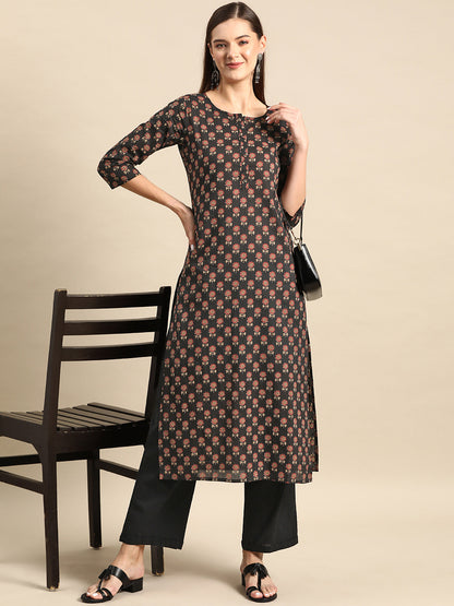 Black Printed Straight Kurta With Three Quarter Sleeves