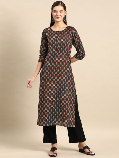 Black Printed Straight Kurta With Three Quarter Sleeves