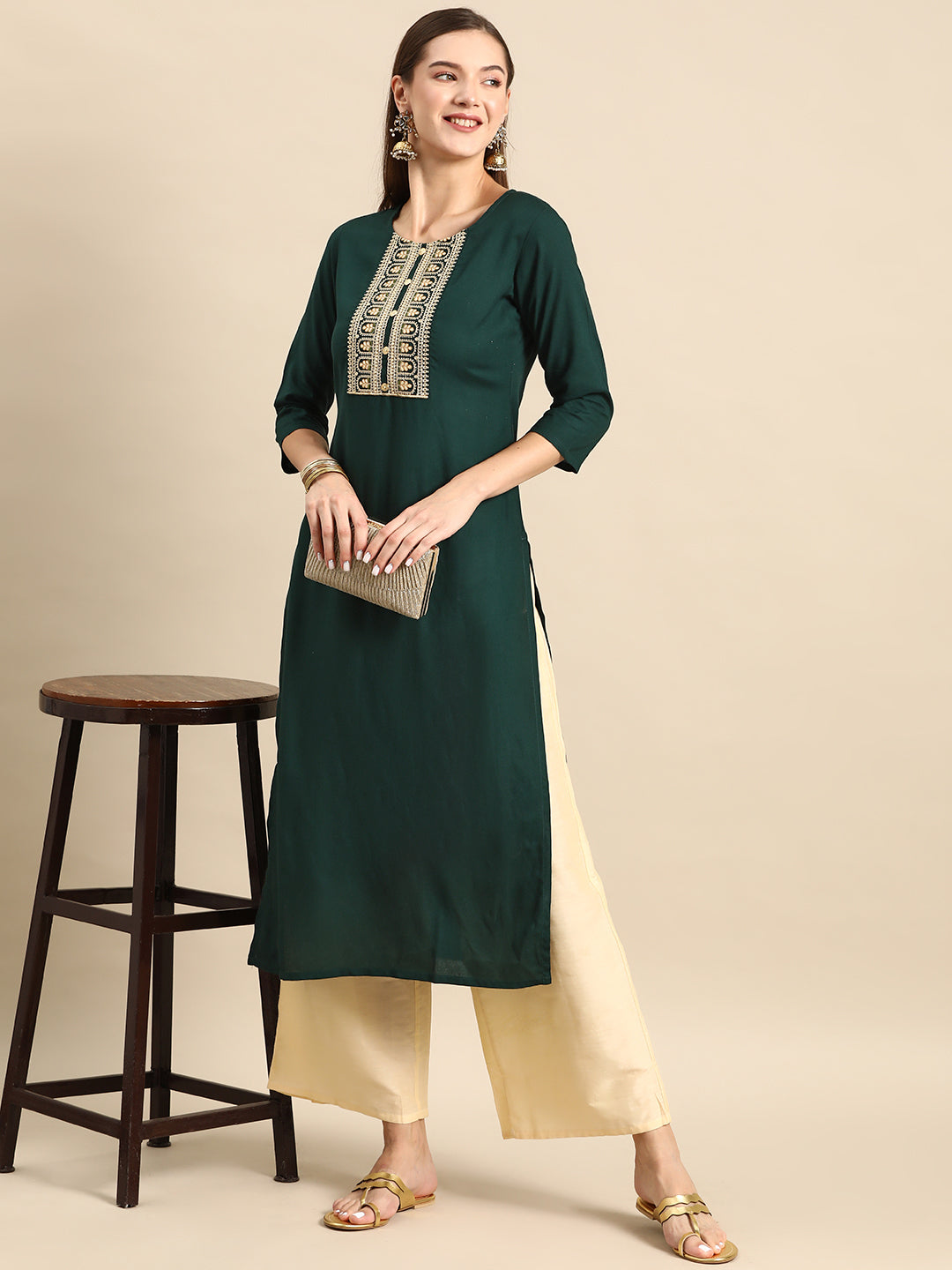 Green Embroidered Yoke Design Straight Kurta