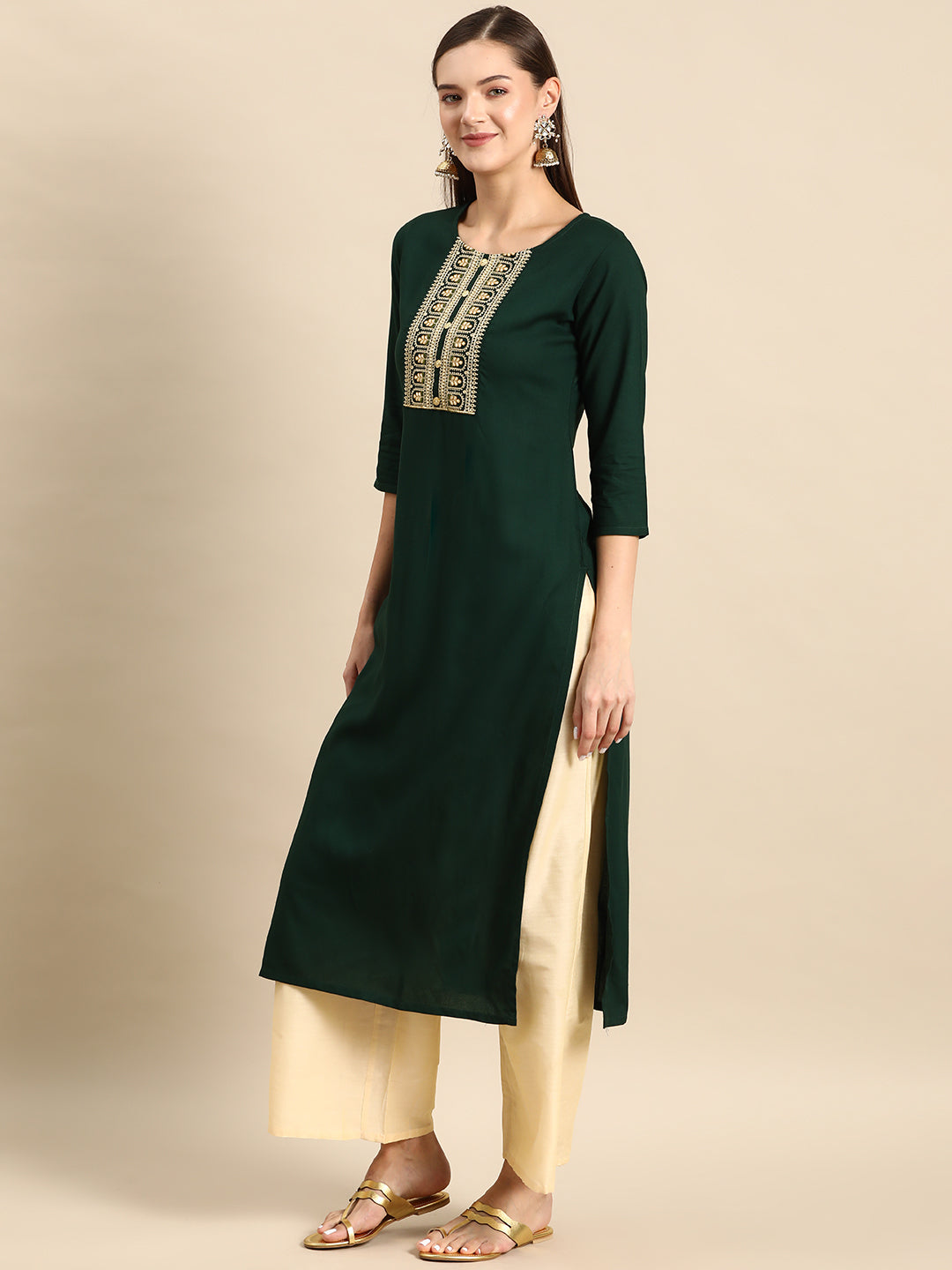 Green Embroidered Yoke Design Straight Kurta
