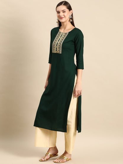 Green Embroidered Yoke Design Straight Kurta