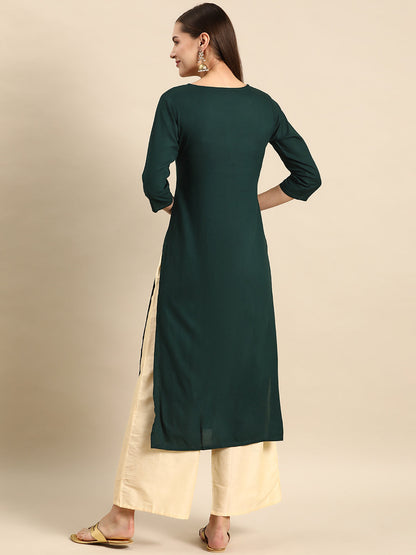 Green Embroidered Yoke Design Straight Kurta