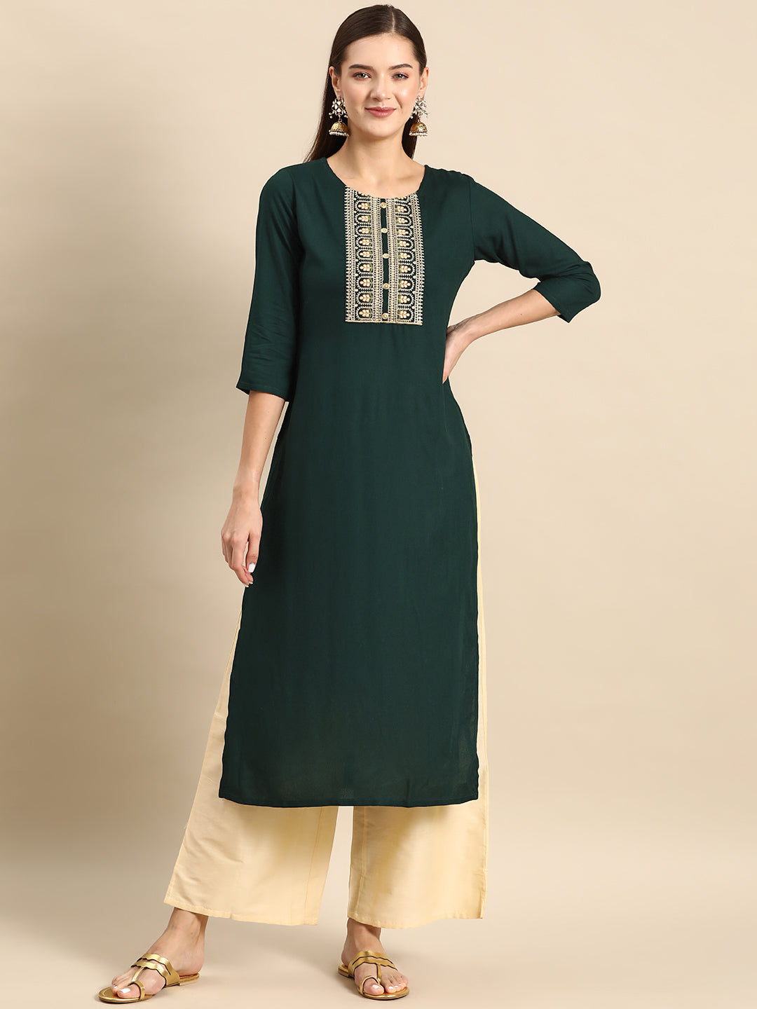 Green Embroidered Yoke Design Straight Kurta