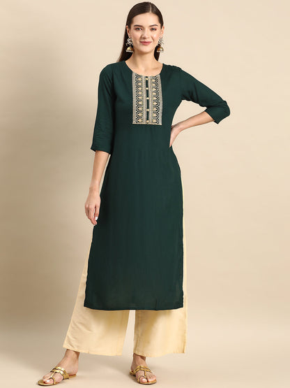 Green Embroidered Yoke Design Straight Kurta