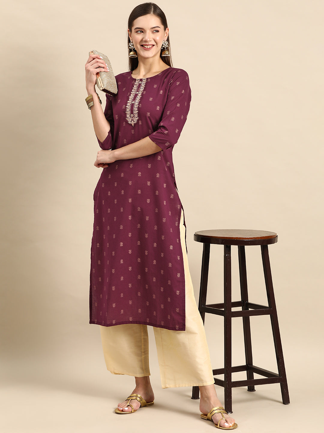 Burgundy Embroidered Yoke Design Straight Kurta