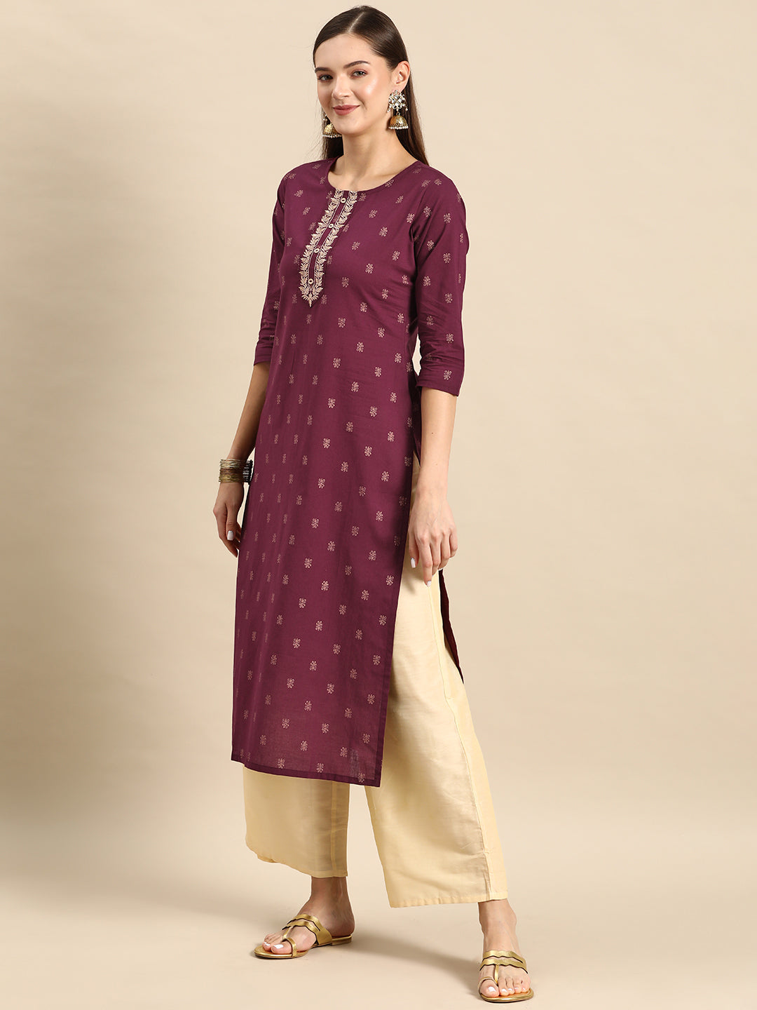 Burgundy Embroidered Yoke Design Straight Kurta