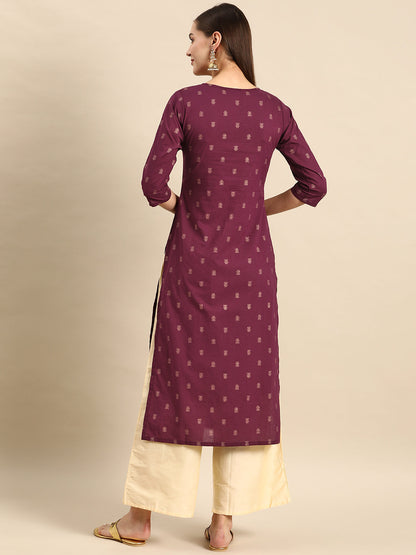 Burgundy Embroidered Yoke Design Straight Kurta
