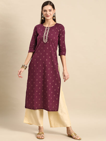 Burgundy Embroidered Yoke Design Straight Kurta
