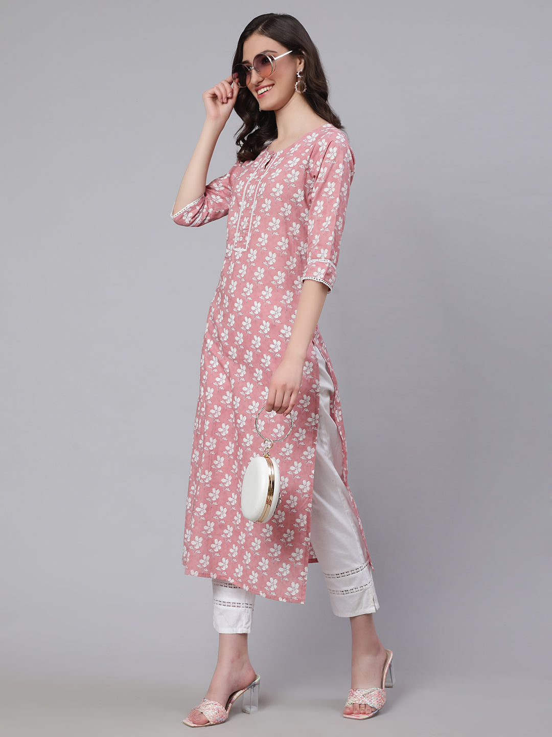 Pink Printed Straight Kurta With Three Quarter Sleeves