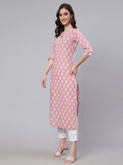 Pink Printed Straight Kurta With Three Quarter Sleeves