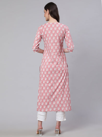 Pink Printed Straight Kurta With Three Quarter Sleeves