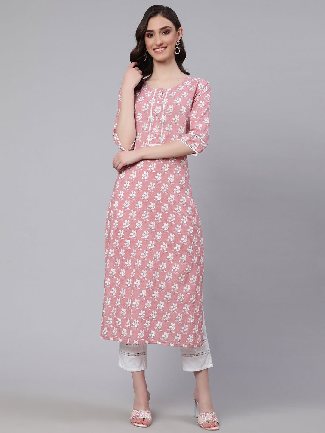 Pink Printed Straight Kurta With Three Quarter Sleeves