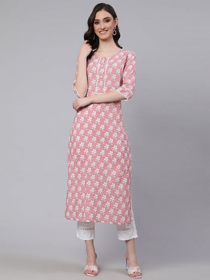 Pink Printed Straight Kurta With Three Quarter Sleeves