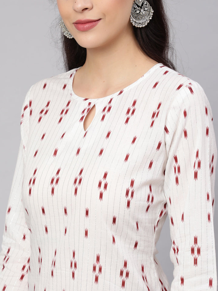 Off-White Printed Straight Kurta With Three Quarter Sleeves