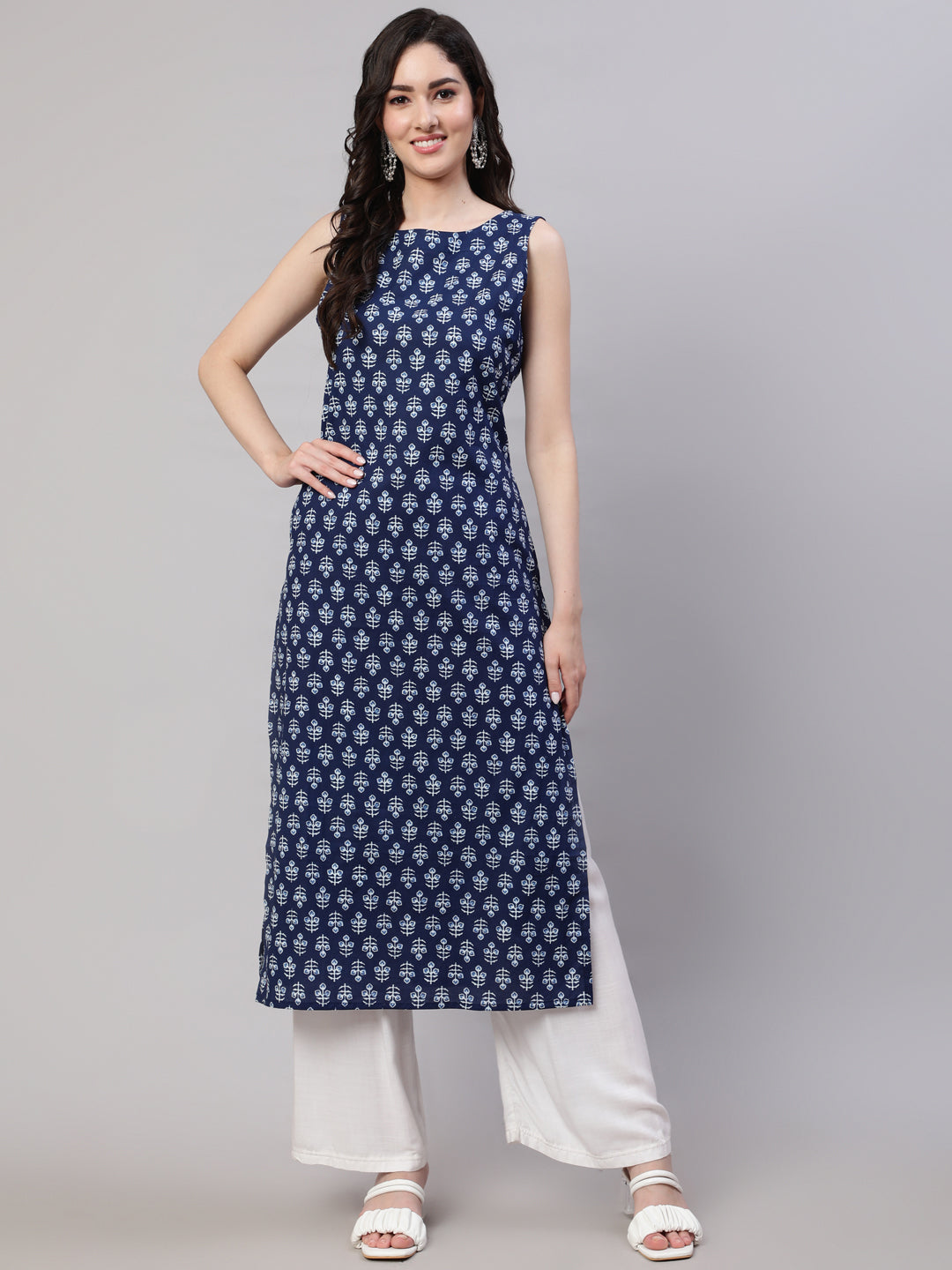 Blue Ethnic Straight Sleeveless Kurta