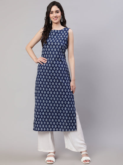 Blue Ethnic Straight Sleeveless Kurta