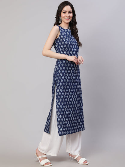 Blue Ethnic Straight Sleeveless Kurta