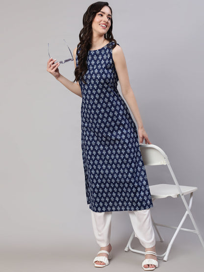 Blue Ethnic Straight Sleeveless Kurta