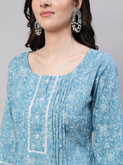 Blue Ethnic Printed Straight Kurta With Three Quarter Sleeves