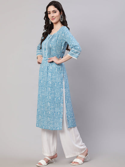 Blue Ethnic Printed Straight Kurta With Three Quarter Sleeves
