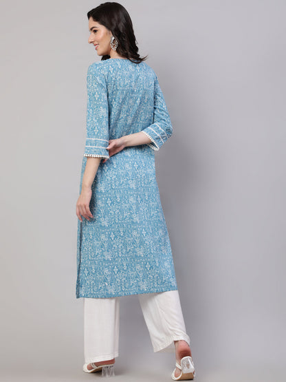 Blue Ethnic Printed Straight Kurta With Three Quarter Sleeves