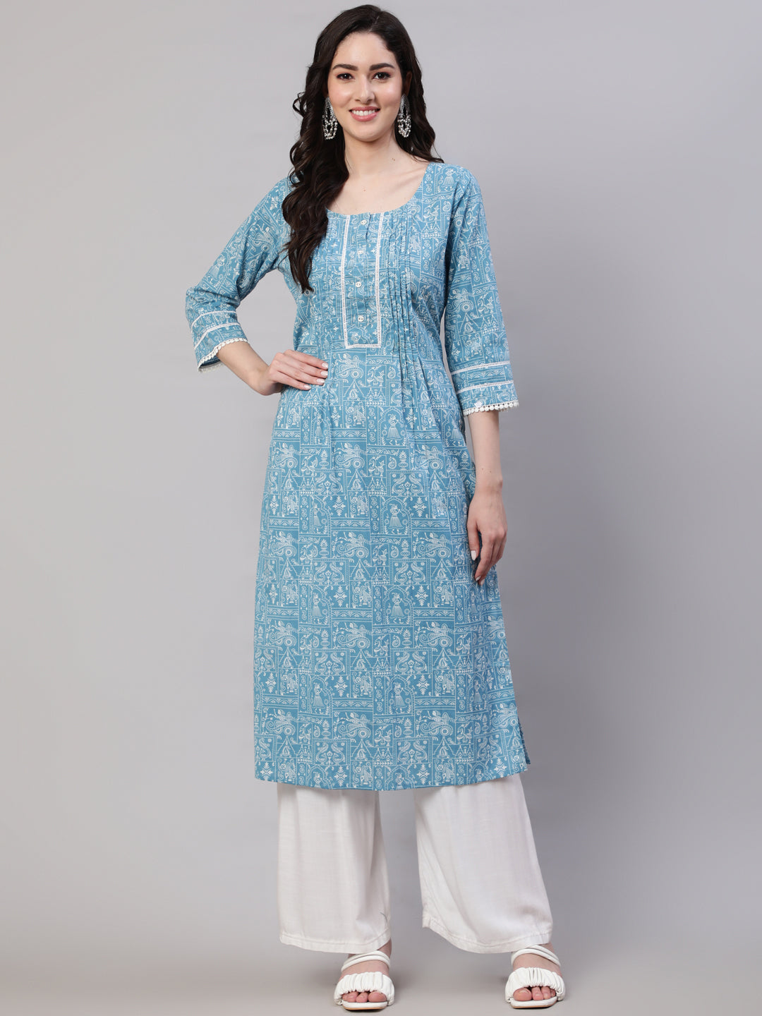 Blue Ethnic Printed Straight Kurta With Three Quarter Sleeves