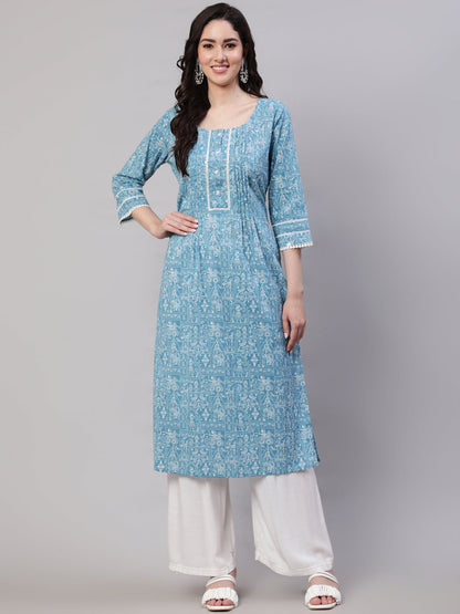 Blue Ethnic Printed Straight Kurta With Three Quarter Sleeves