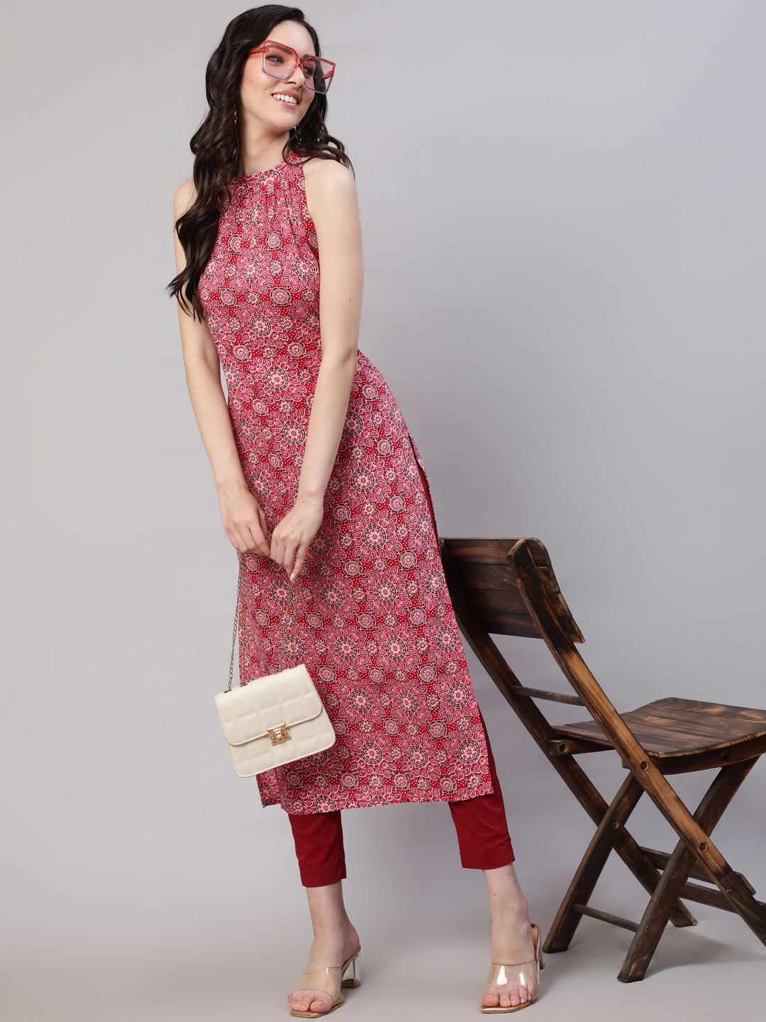 Pink Printed Halter Neck Straight Kurta