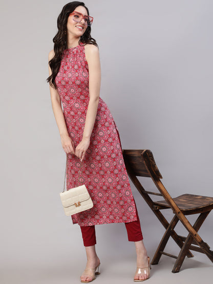 Pink Printed Halter Neck Straight Kurta