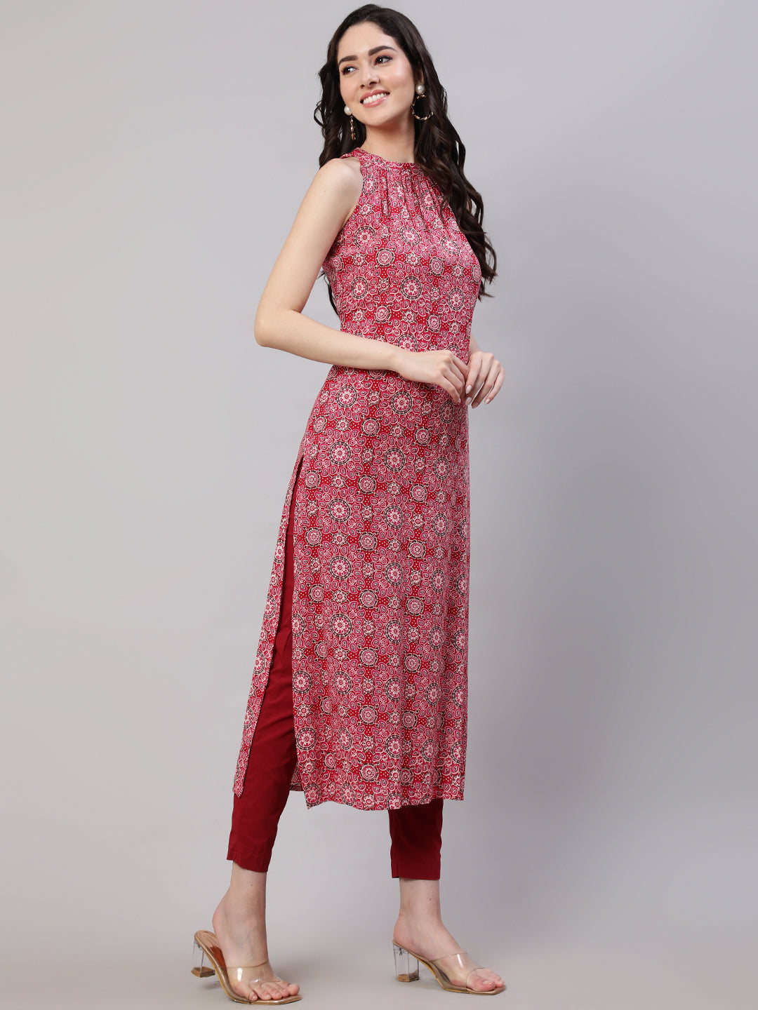 Pink Printed Halter Neck Straight Kurta