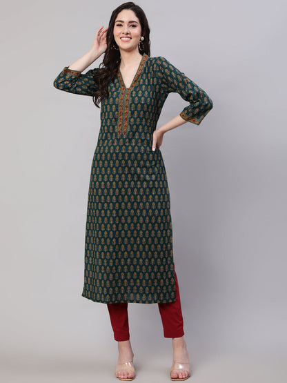 Green Ethnic Printed Straight Kurta With Three Quarter Sleeves