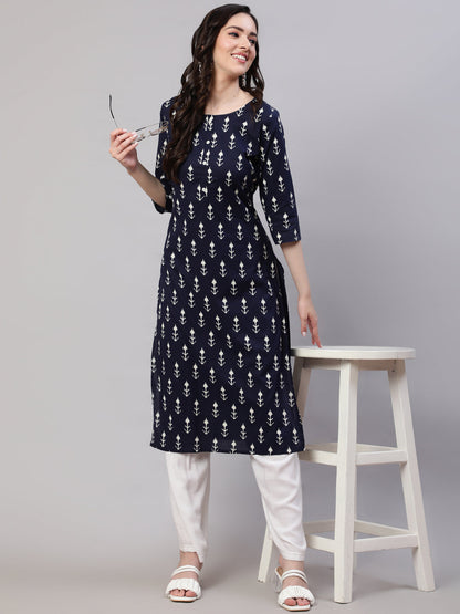 Navy Blue Printed Straight Kurta With Three Quarter Sleeves