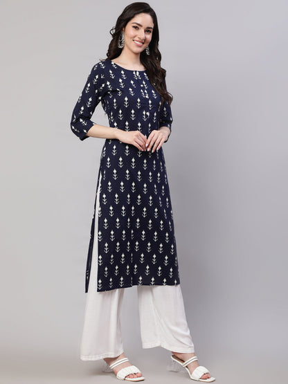 Navy Blue Printed Straight Kurta With Three Quarter Sleeves