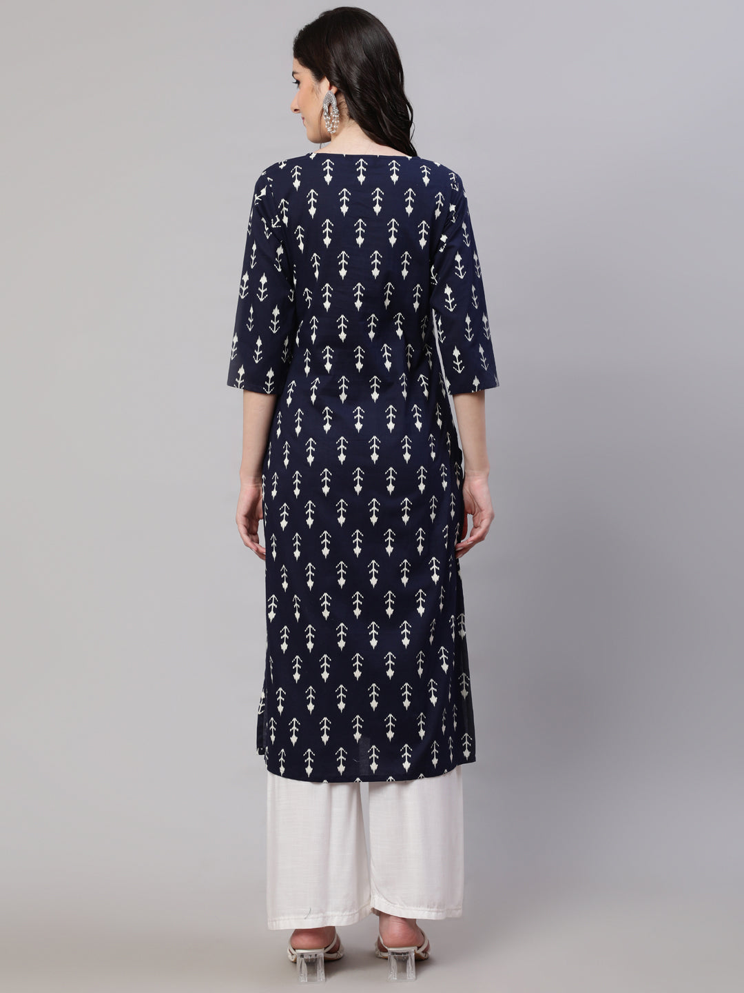 Navy Blue Printed Straight Kurta With Three Quarter Sleeves