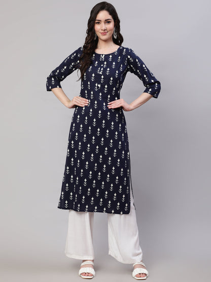 Navy Blue Printed Straight Kurta With Three Quarter Sleeves