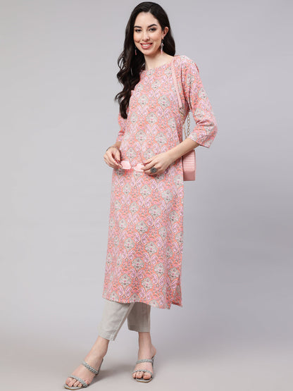 Pink Printed Straight Kurta With Three Quarter Sleeves