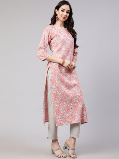 Pink Printed Straight Kurta With Three Quarter Sleeves