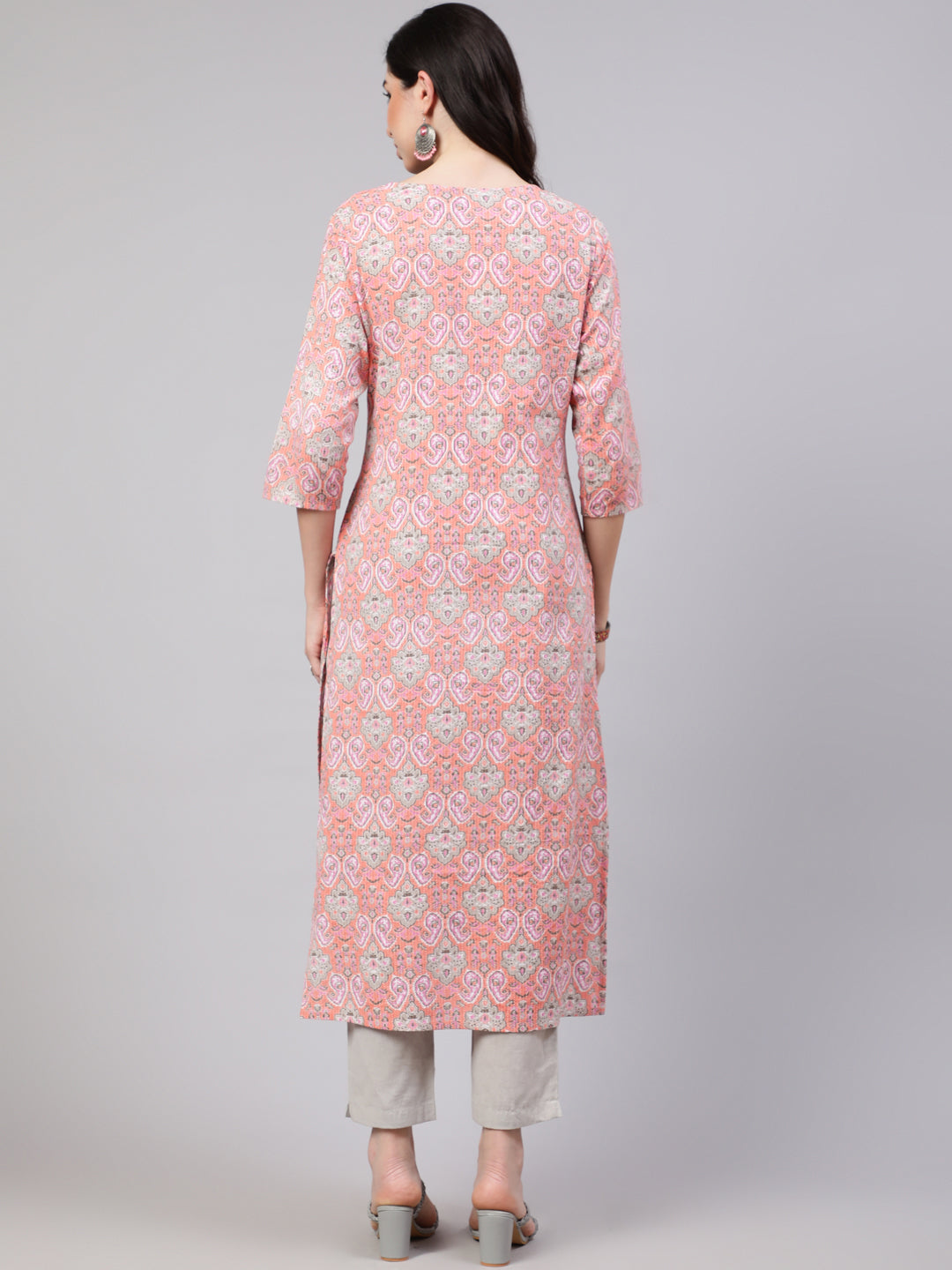 Pink Printed Straight Kurta With Three Quarter Sleeves