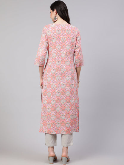 Pink Printed Straight Kurta With Three Quarter Sleeves