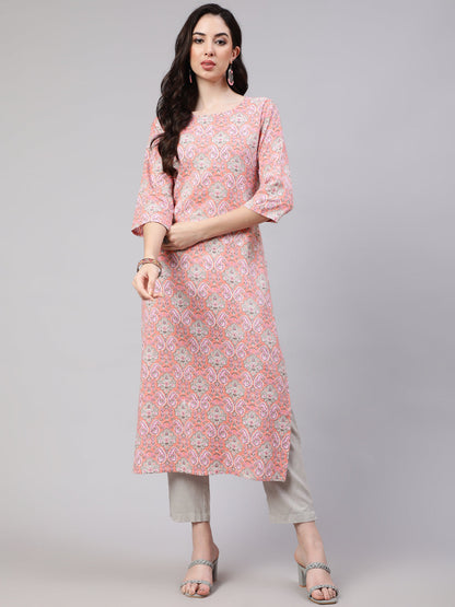 Pink Printed Straight Kurta With Three Quarter Sleeves