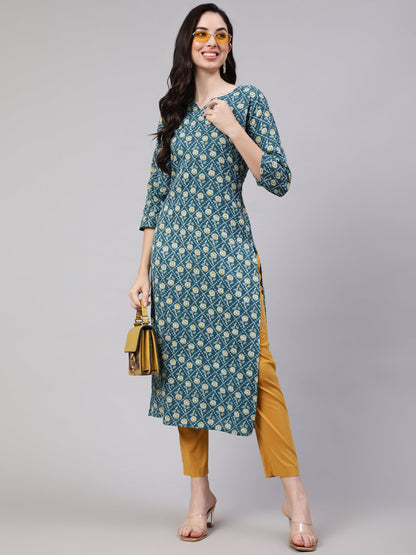 Green Ethnic Printed Straight Kurta With Three Quarter Sleeves