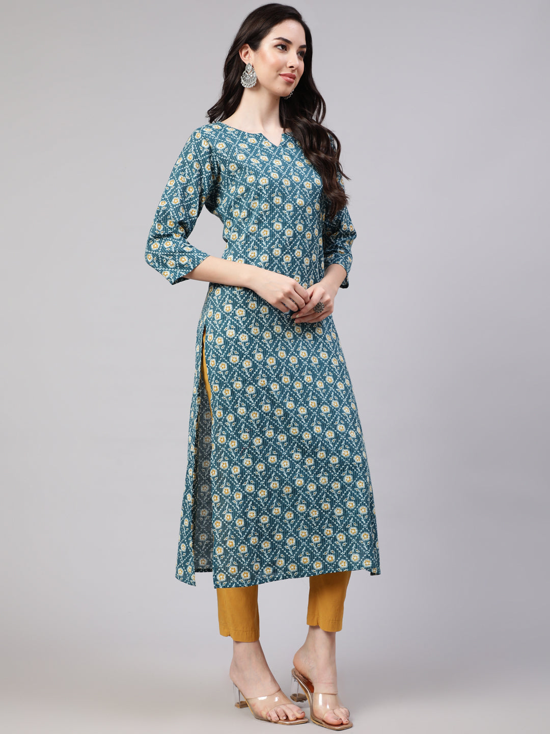 Green Ethnic Printed Straight Kurta With Three Quarter Sleeves
