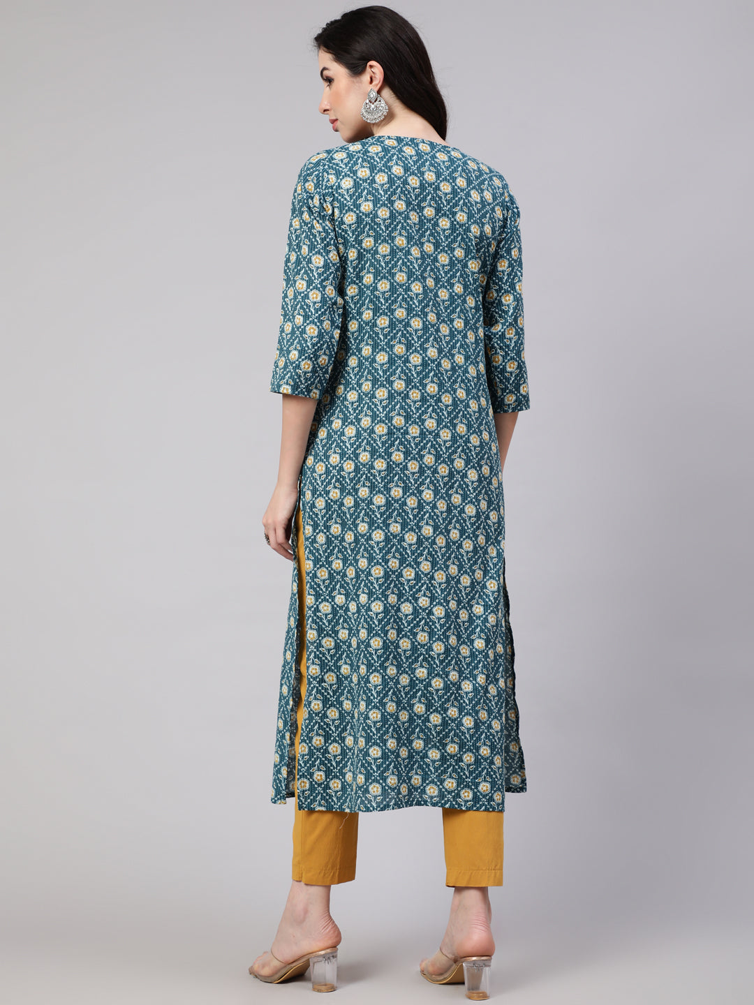 Green Ethnic Printed Straight Kurta With Three Quarter Sleeves