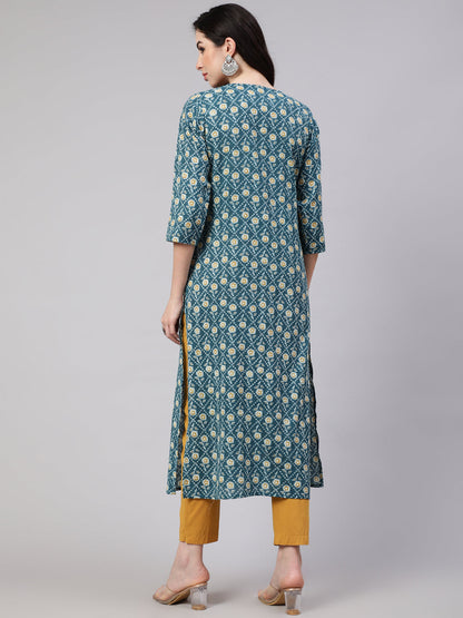 Green Ethnic Printed Straight Kurta With Three Quarter Sleeves