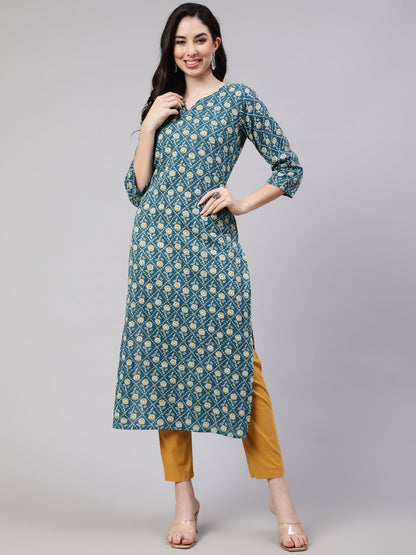 Green Ethnic Printed Straight Kurta With Three Quarter Sleeves