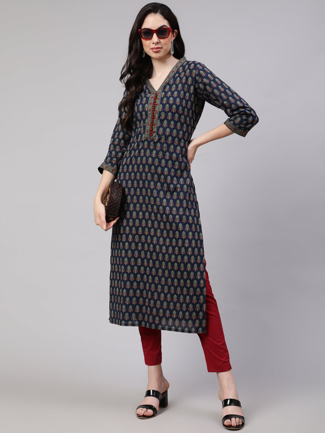 Blue Ethnic Printed Straight Kurta With Three Quarter Sleeves
