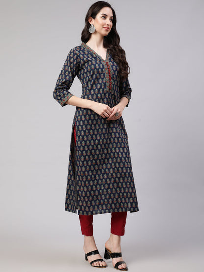 Blue Ethnic Printed Straight Kurta With Three Quarter Sleeves
