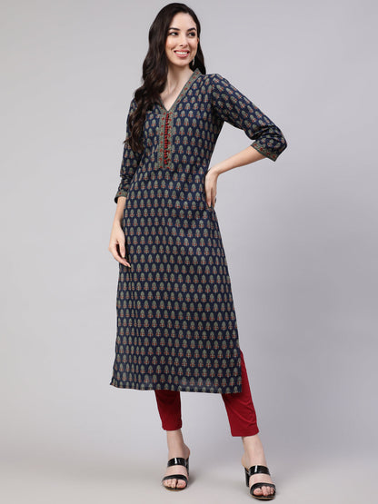 Blue Ethnic Printed Straight Kurta With Three Quarter Sleeves