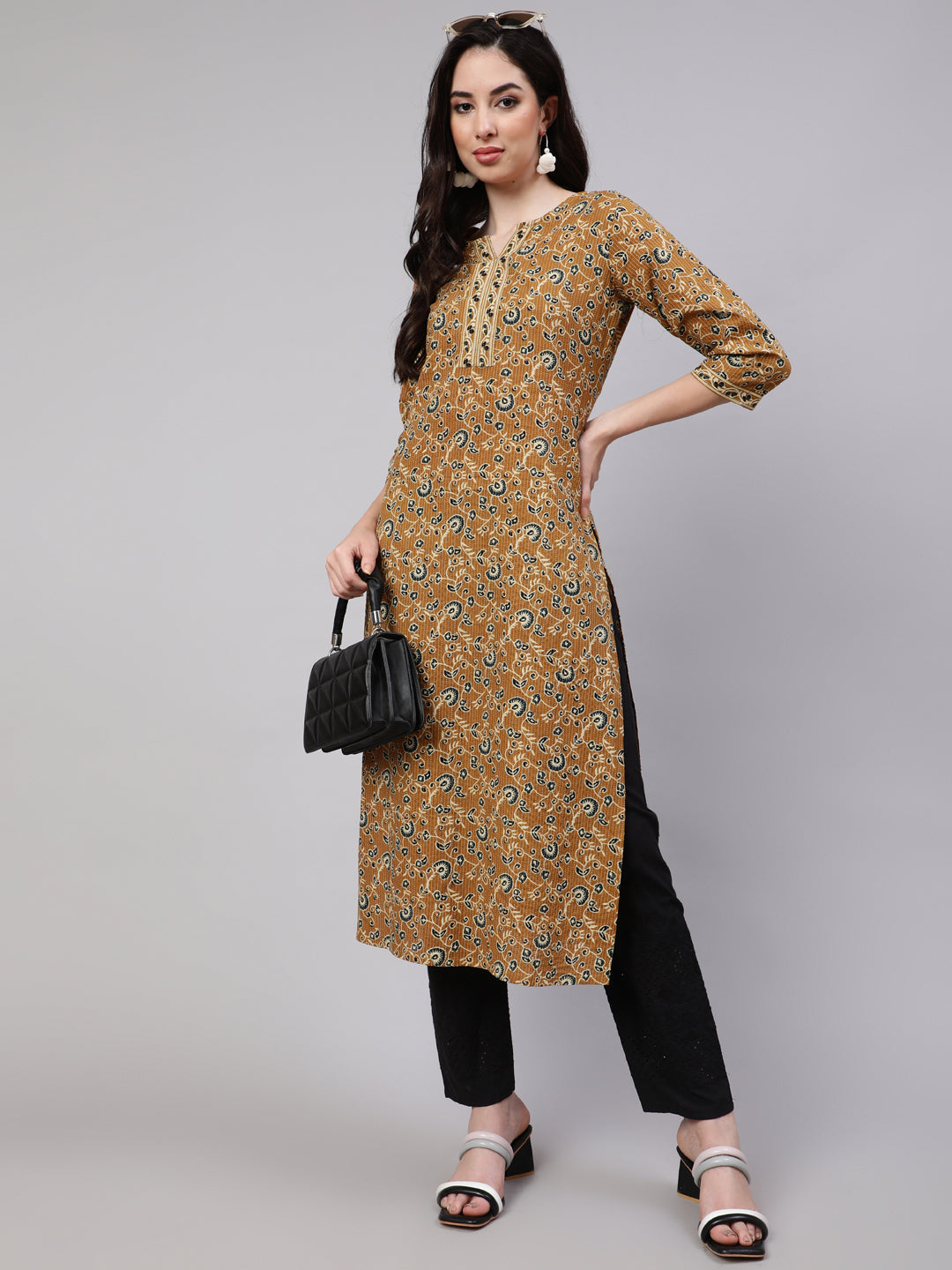 Mustard Printed Straight Kurta With Three Quarter Sleeves